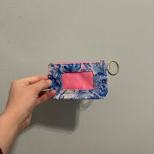 Lilly Pulitzer Blue and Pink Key & Card Holder zipper gold wallet ID small clear